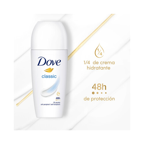 DOVE Classic Desodorante roll on para mujer con protección antitranspirante hasta 48 horas 50 ml.