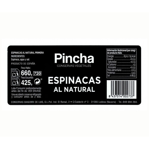 PINCHA Espinacas al natural 425 g.