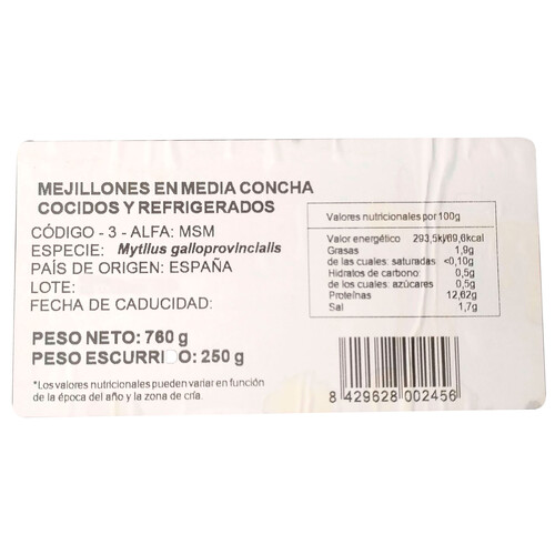 PESCADONA Mejillones cocidos en media concha 250 g.