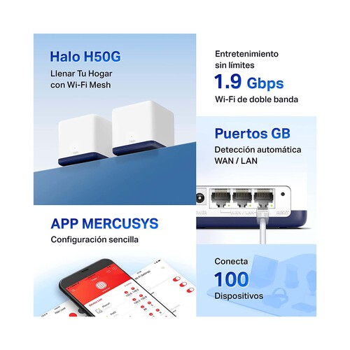 Sistema Wi-Fi MERCUSYS Halo H50G, Mesh AC1900, doble banda, hasta 100 dispositivos.