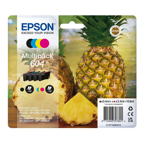Pack de 4 cartuchos de tinta EPSON 604, colores negro, cian, magenta y amarillo.