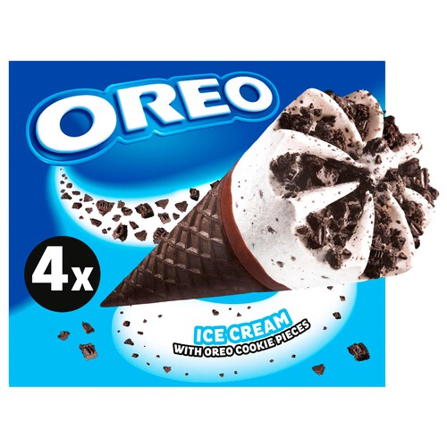 OREO Cono con barquillo de chocolate y helado de nata con trocitos de galleta 4 x 110 ml.