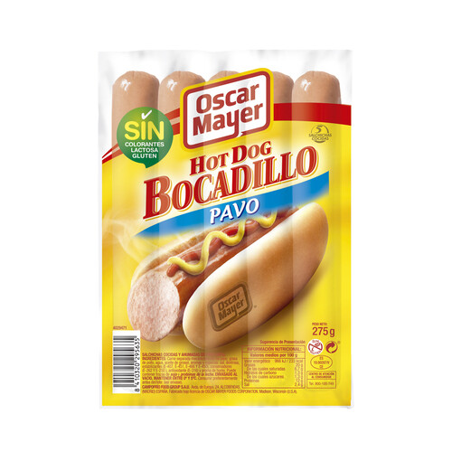 OSCAR MAYER Salchichas cocidas y ahumadas de pavo, elaboradas sin gluten OSCAR MAYER Bocadillo 275 g.