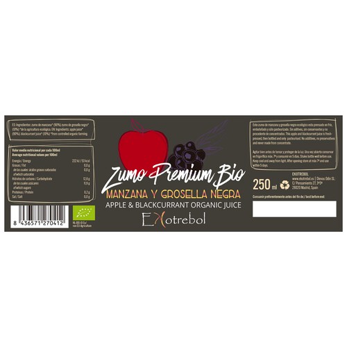 EKOTREBOL Zumo de manzana y grosella negra premium ecológico 250 ml.