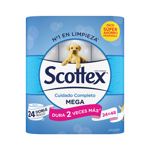 SCOTTEX Papel higiénico Mega (más papel por rollo, 24 rollos de tipo mega rollo equivalen a 48 rollos standard) 24 rollos