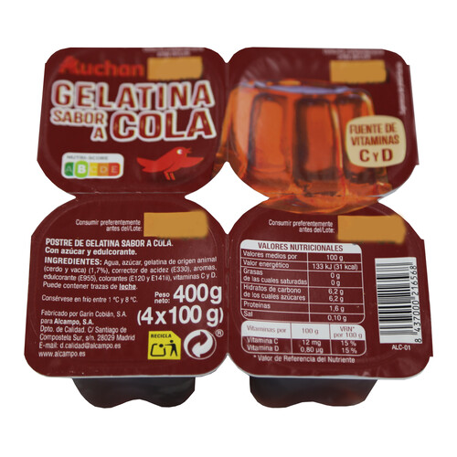 AUCHAN Gelatina con sabor a cola 4 x 100 g. Producto Alcampo