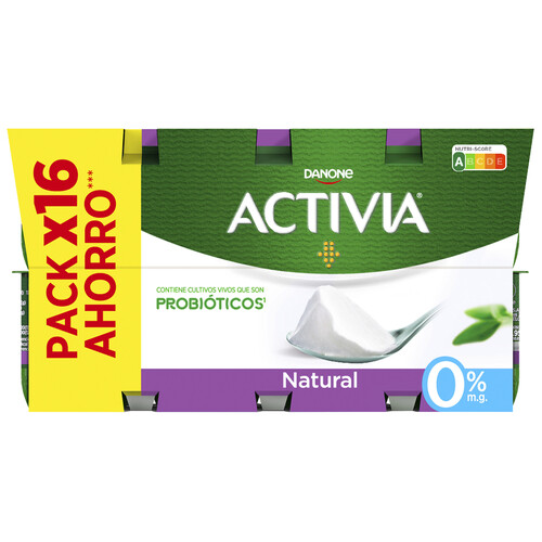 ACTIVIA Bífidus desnatado (0% materia grasa) y sabor natural 0% de Danone 16 x 120 g.