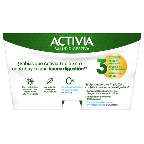 ACTIVIA Triple zero de Danone Bífidus desnatado (0% materia grasa) natural, sin lactosa 4 x 120 g.