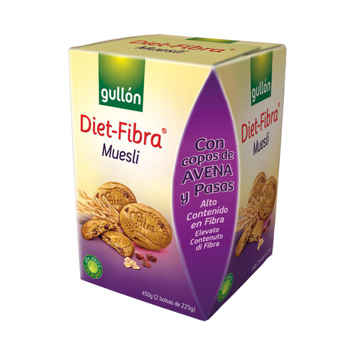 GULLÓN Galletas de fibra con copos de avena y pasas 450 g.