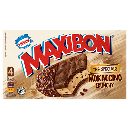 MAXIBON Sándwich de helado de café con leche, con trozos de chocolate y galleta caramelizada 4 x 90 ml.