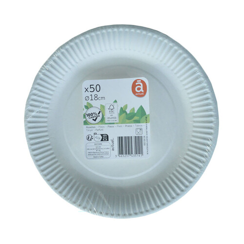 Pack de 50 platos de cartón blanco, 18 cm, Esencial ACTUEL.