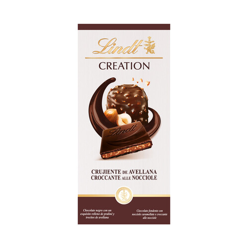 LINDT Creation Chocolate negro crujiente relleno con avellanas 150 g.