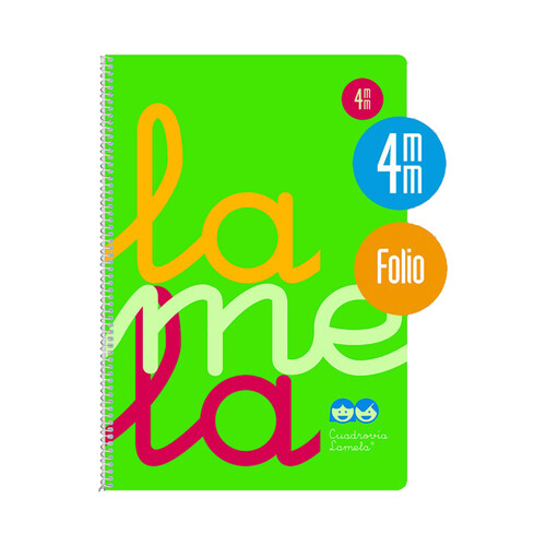 Cuaderno A5 de espiral con 80 hojas cuadrovía 4mm, 90gr. Cubierta plastificada color verde. EDITORIAL LAMELA.