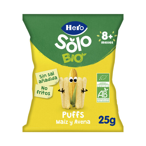 HERO Solo bio Snacks infantiles no fritos y sin sal añadida. de maíz y avena ecológicas, a partir de 8 meses 25 g.