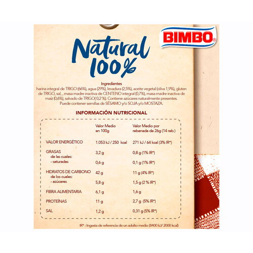 BIMBO Pan de molde integral con corteza natural 100 % 360 g.