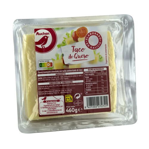 AUCHAN Taco de queso madurado de vaca elaborado en Galicia 460 g. Producto Alcampo