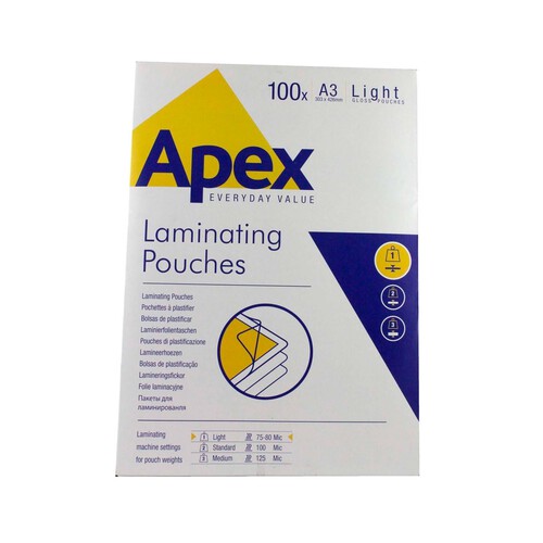Pack de 100 fundas para plastificar A3, brillo, 75-80 mic. APEX.