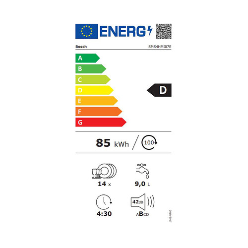 Lavavajillas BOSCH SMS4HMI07E, capacidad 14 servicios, clasificación energética D, H: 84,5cm, A: 60cm, F: 60cm.