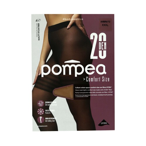 Panty transparente mate cómodo con fibra de Lycra, 20den, POMPEA, color ambrato, talla 2XL.