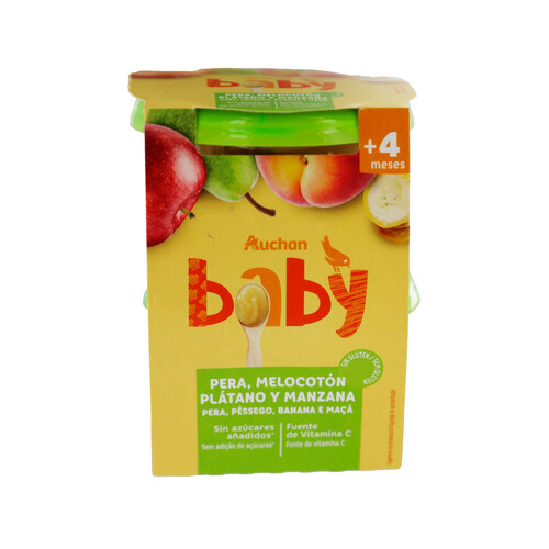 PRODUCTO ALCAMPO Baby Tarritos de frutas (pera, melocotón, plátano y manzana) a partir de 4 meses 2 x 200 g.