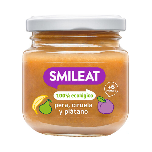 SMILEAT Tarrito de pera, ciruela y plátano ecológicos, a partir de 6 meses 130 g.