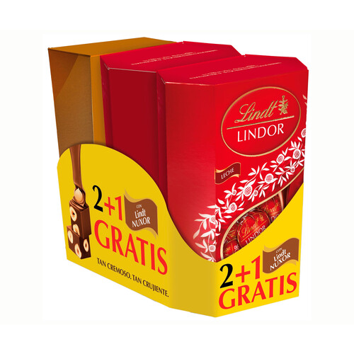 LINDOR Bombones leche + nuxor cornet pack 2+1 550 gr.