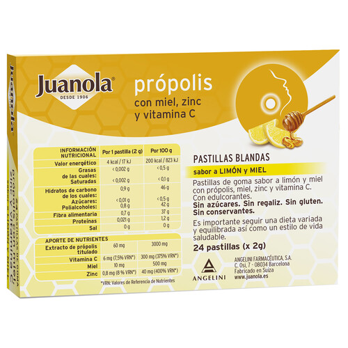 JUANOLA Pastillas de foma con extracto de Propolis, miel, zinc y vitamina C, con sabor a miel y limón 24 uds.