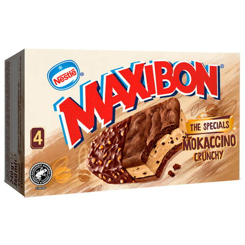 MAXIBON Sándwich de helado de café con leche, con trozos de chocolate y galleta caramelizada 4 x 90 ml.