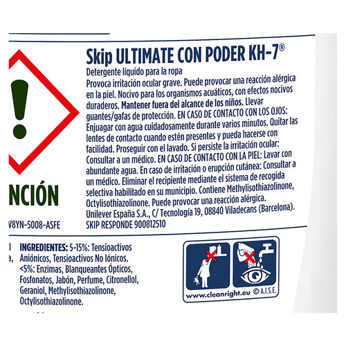 SKIP Ultimate Detergente líquido con KH7 especial manchas difíciles incluso en agua fría 33 ds. 
