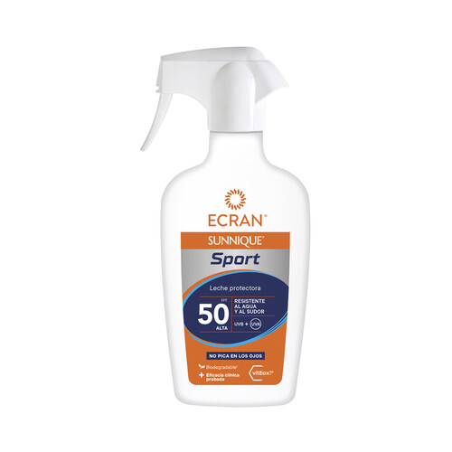 ECRAN Leche solar protectora que deja respirar la piel y con factor de protección 50 (alto) ECRAN Sunnique sport 300 ml.