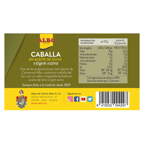 ALBO Caballa del sur en aceite de oliva virgen extra en filetes lata de 85 g.