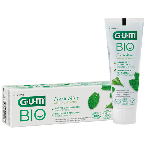 GUM Bio Pasta de dientes con flúor y aloe vera, con sabor a menta fresca 75 ml. 