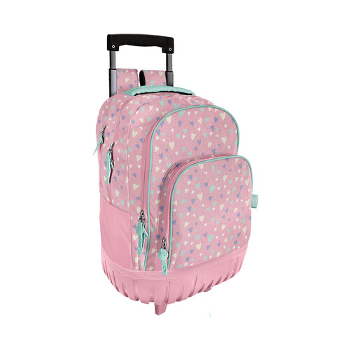 Mochila con ruedas trolley corazones, color rosa.