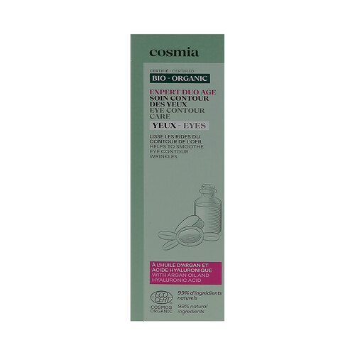 COSMIA Bio expert duo age Contorno de ojos antiarrugas, con aceite de argán y ácido Hialurónico 15 ml.