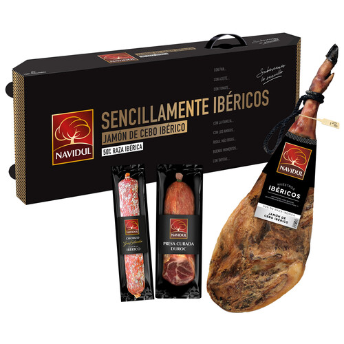 NAVIDUL Lote con jamón de cebo ibérico (50% raza iberica), chorizo ibérico y lomo Duroc NAVIDUL.