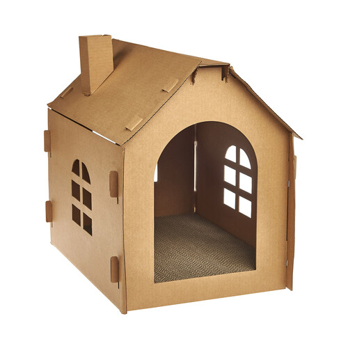 PRODUCTO ALCAMPO Casa de cartón de 52.5 x 33 x 33 cm. para gatos, con suelo para rascar.