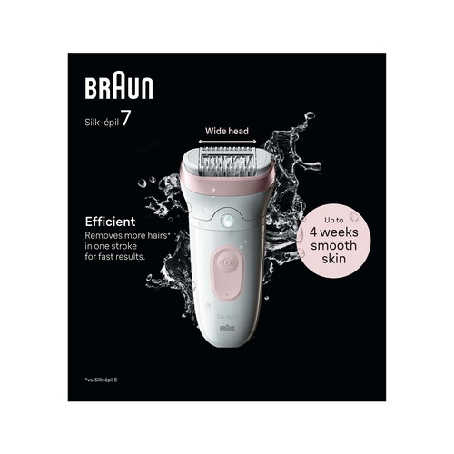 Depiladora eléctrica inalámbrica BRAUN Silk-épil 7-000, cabezal ancho, tecnología MicroGrip, resistente al agua.