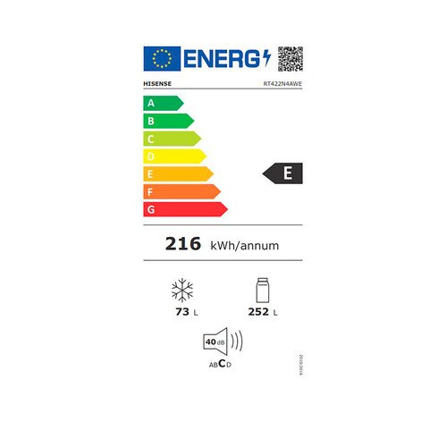 Frigorífico 2 puertas HISENSE RT422N4AWE NO FROST, color blanco, clasificación energética: E, H: 169,6cm, A: 59,5cm, F: 65cm, capacidad total: 325L.