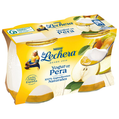 LA LECHERA Yogur natural con pera, elaborado con ingredientes 100% naturales 2 x 125 g.