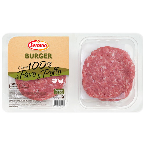Bandeja con burger meat mixtas (100% carne de pavo y pollo) SERRANO 4 x 80 g.