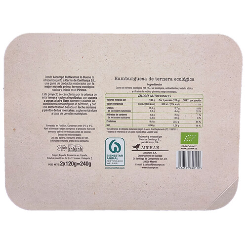 ALCAMPO CULTIVAMOS LO BUENO ECOLÓGICO Hamburguesas de tenernera ecológica  2 x 120 g.