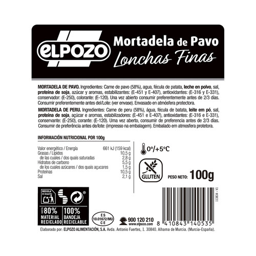 EL POZO Mortadela de pavo cortada en finas lonchas EL POZO 100 g.