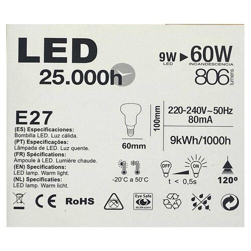 Pack de 2 bombillas Led reflectora E27, 9W=60W, luz cálida, 806lm, NINE&ONE Premium.