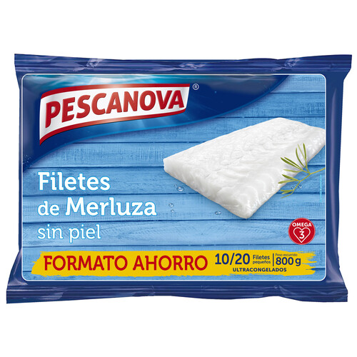 PESCANOVA Filetes de merluza sin piel de tamaño pequeño (10 / 20), ideales para plancha y rebozar PESCANOVA 800 g.