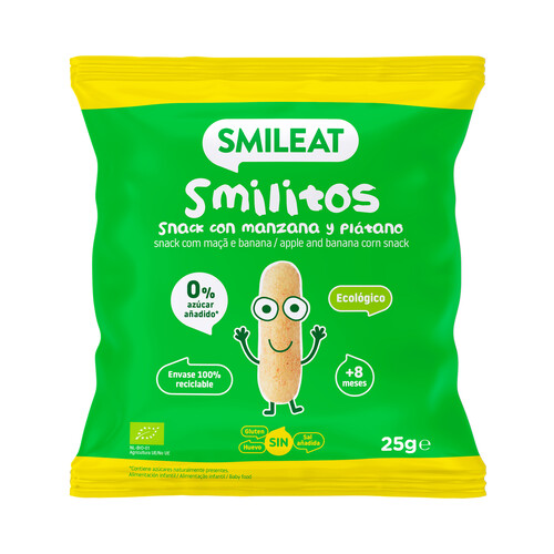 SMILEAT Smilitos Snacks a base de cereales ecológicos, con manzana y plátano, a partir de 8 meses 25 g.