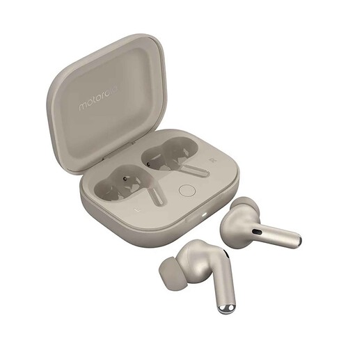 Auriculares bluetooth MOTOROLA Moto Buds+, con micrófono, estuche de carga, color beige. 