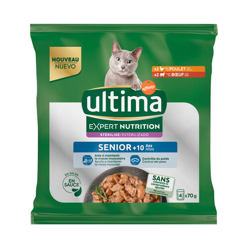 ULTIMA Expert nutrition Alimento em trozos en salsa, para gatos senior (+ 10 años) esterilizados 4 x 70 g.