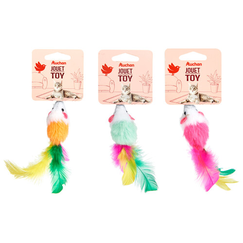 PRODUCTO ALCAMPO Juguete para gatos con forma de ratón de 7 cm con plumas de colores.