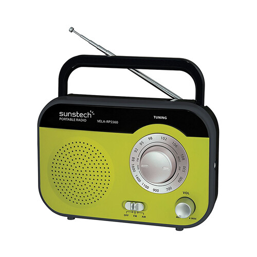 Radio portátil analógica SUNSTECH RPS560 con sintonizador de radio AM/FM, altavoz integrado, color verde.