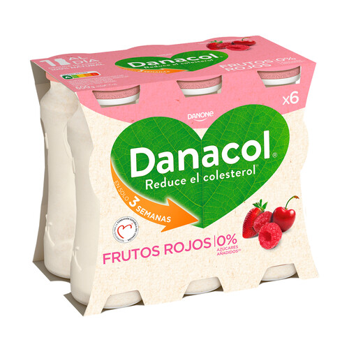 DANACOL Leche fermentada desnatada con edulcorantes, esteroles vegetales añadidos y sabor frutos rojos de Danone 6 x 100 g.
